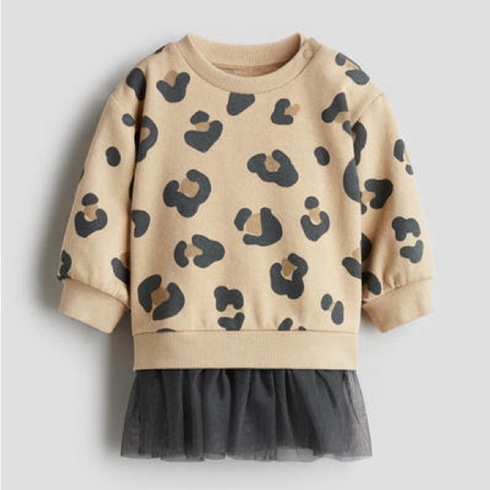H&M Beige and Black Leopard Print Kids Sweatshirt dress with Tulle